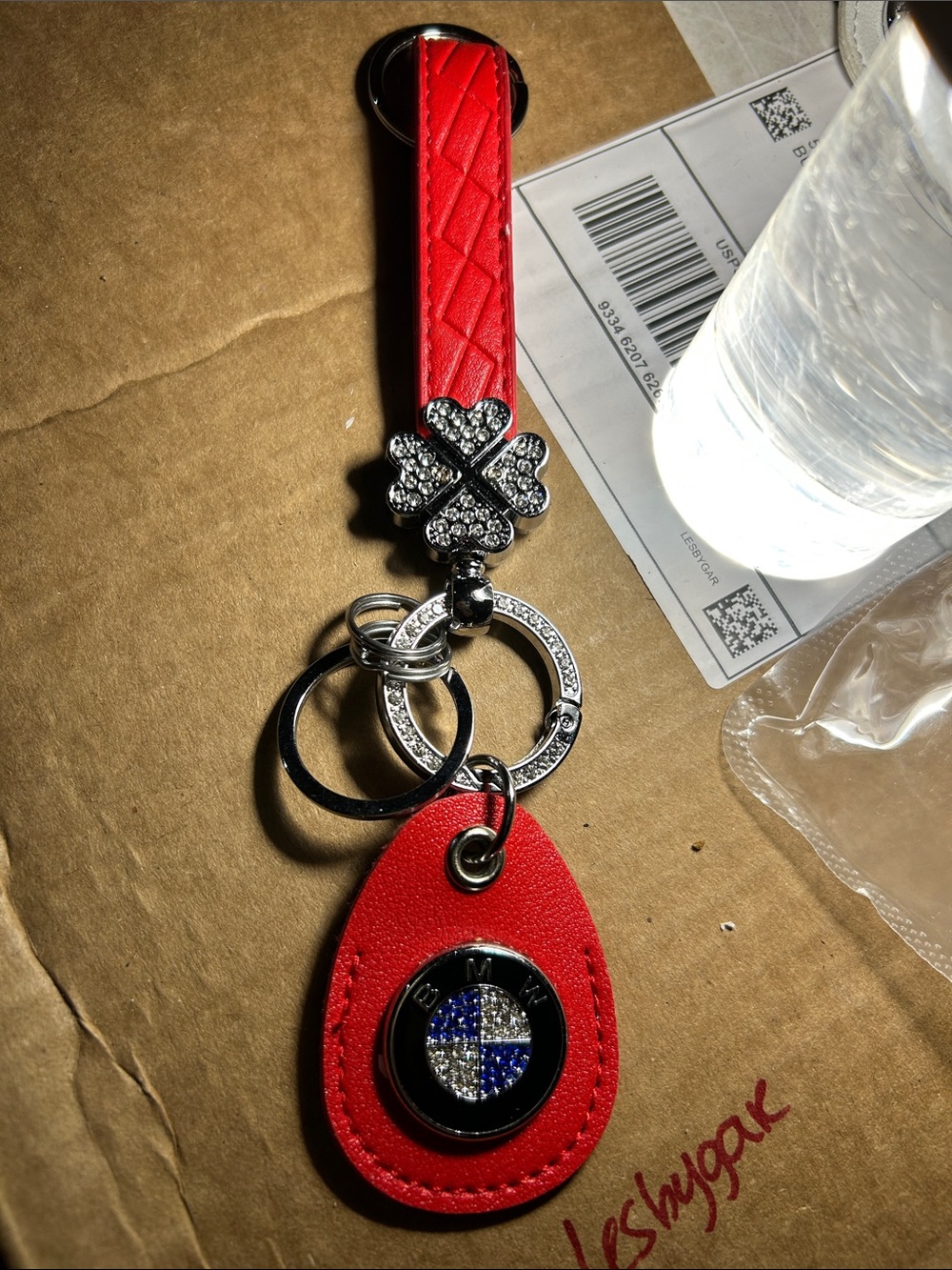 Red Leather Keychain with Crystal Clover Accent and Round BMW Logo Charm